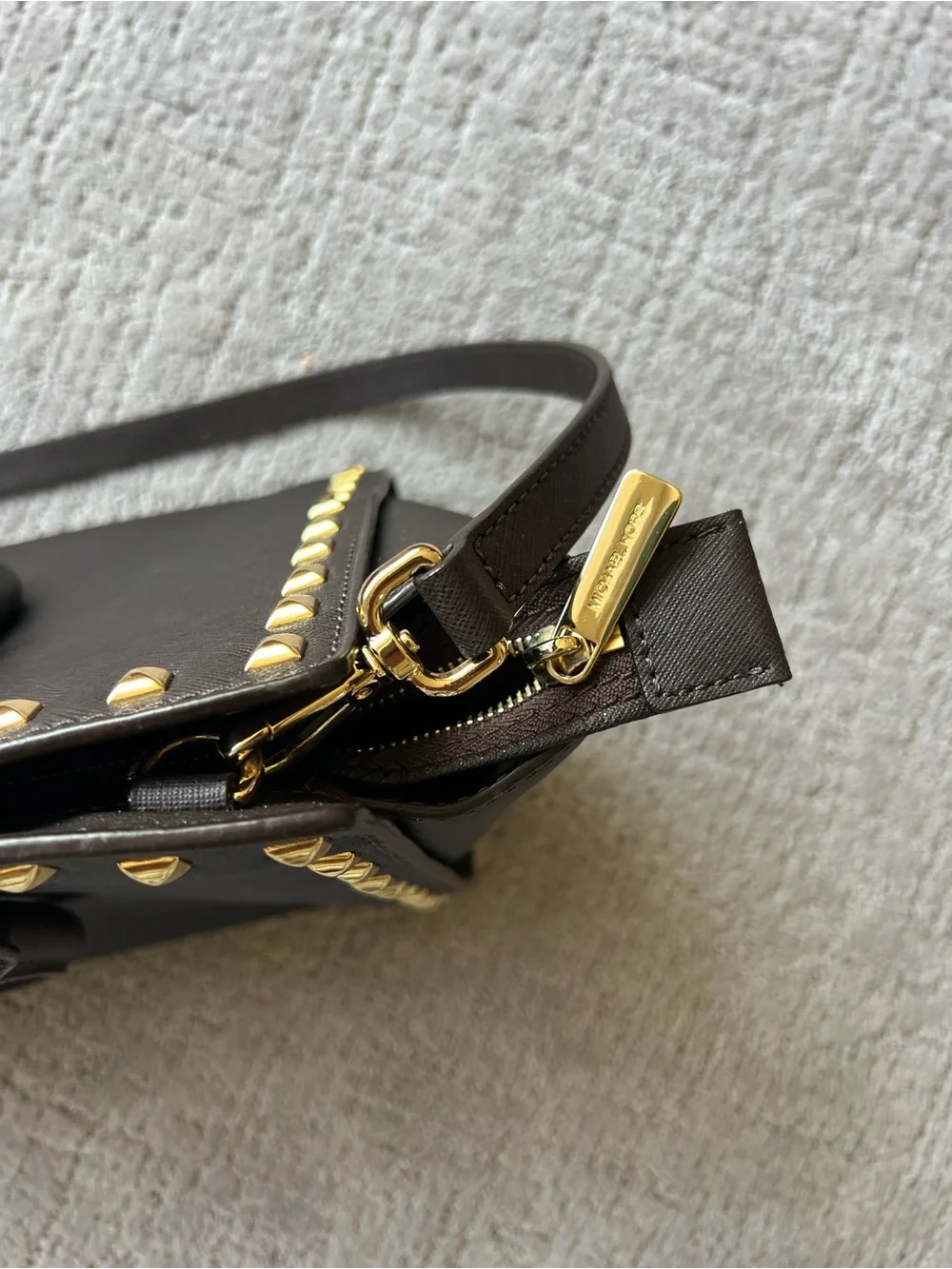 Michael Kors Dark Brown Saffiano Studded Tote with Gold Hardware